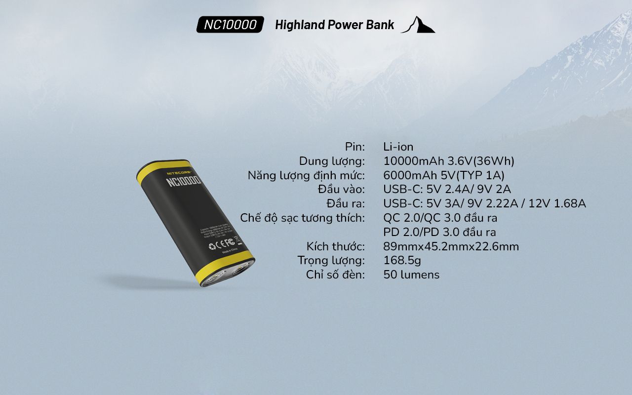 Sạc dự phòng kết hợp đèn LED Nitecore NC10000 Outdoor Compact Power Bank