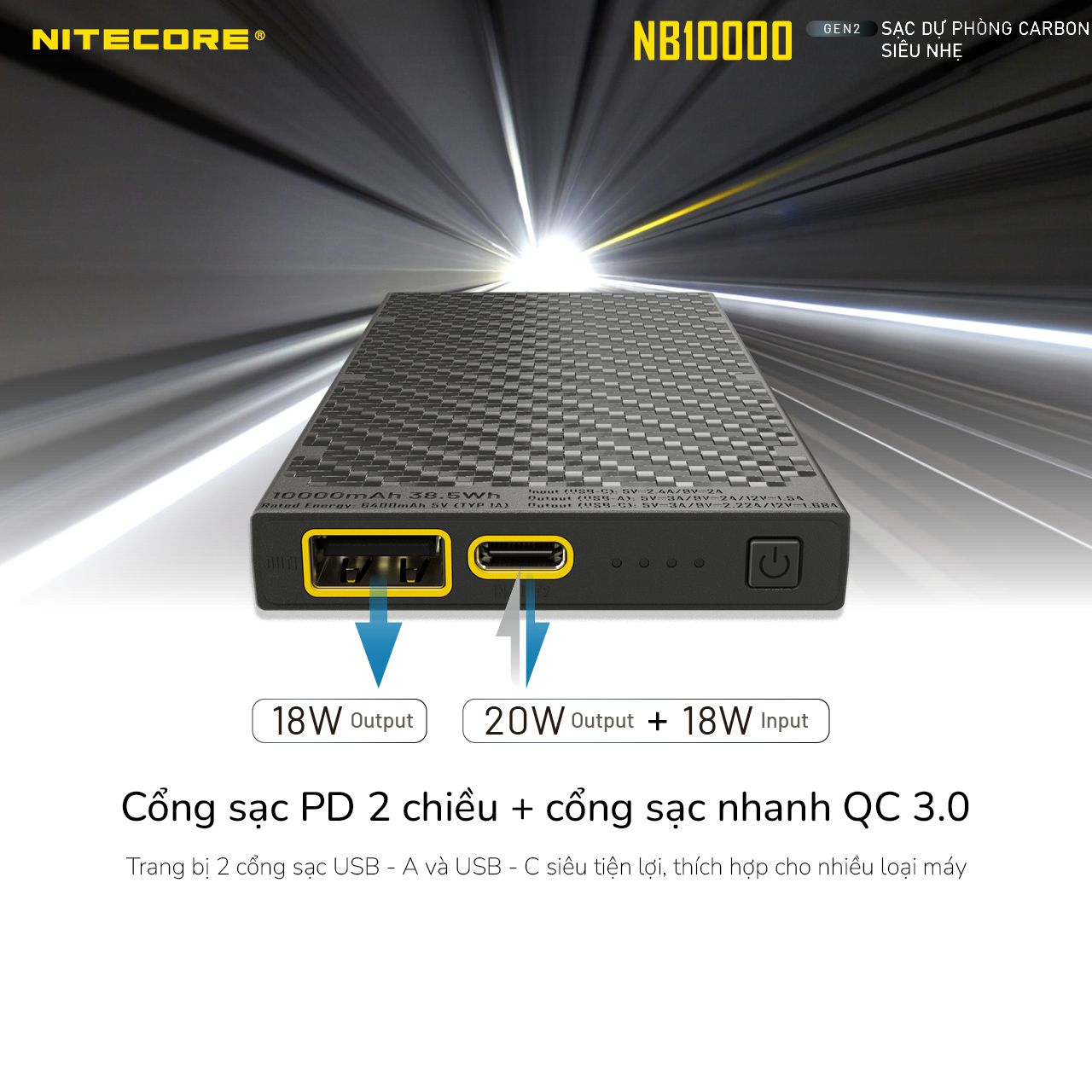 Sạc dự phòng vỏ Carbon siêu nhẹ Nitecore NB10000 Gen 2 Power Bank