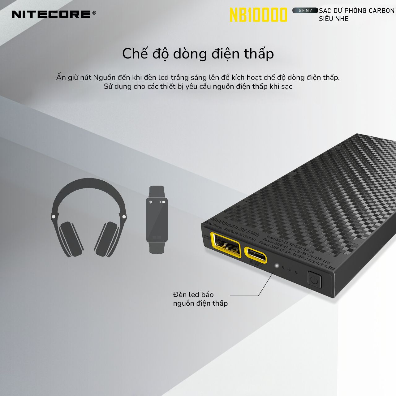 Sạc dự phòng vỏ Carbon siêu nhẹ Nitecore NB10000 Gen 2 Power Bank