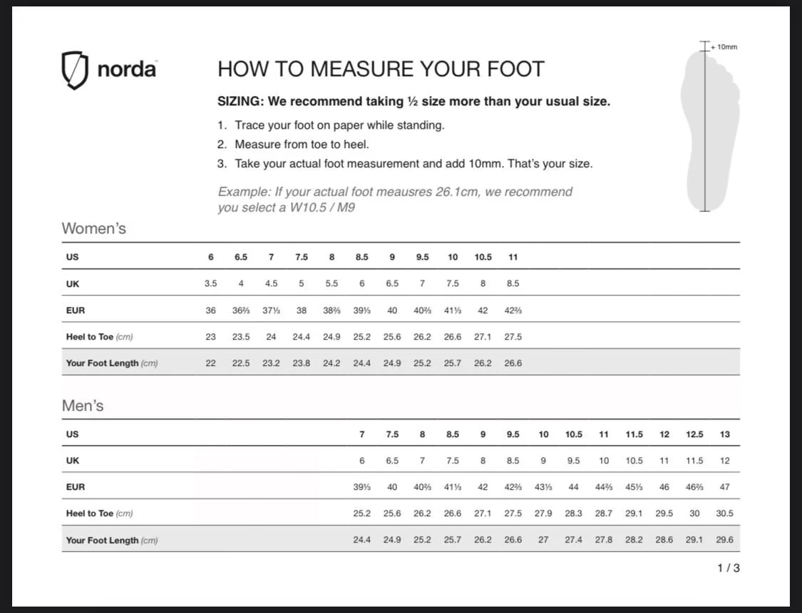 Bảng size Norda