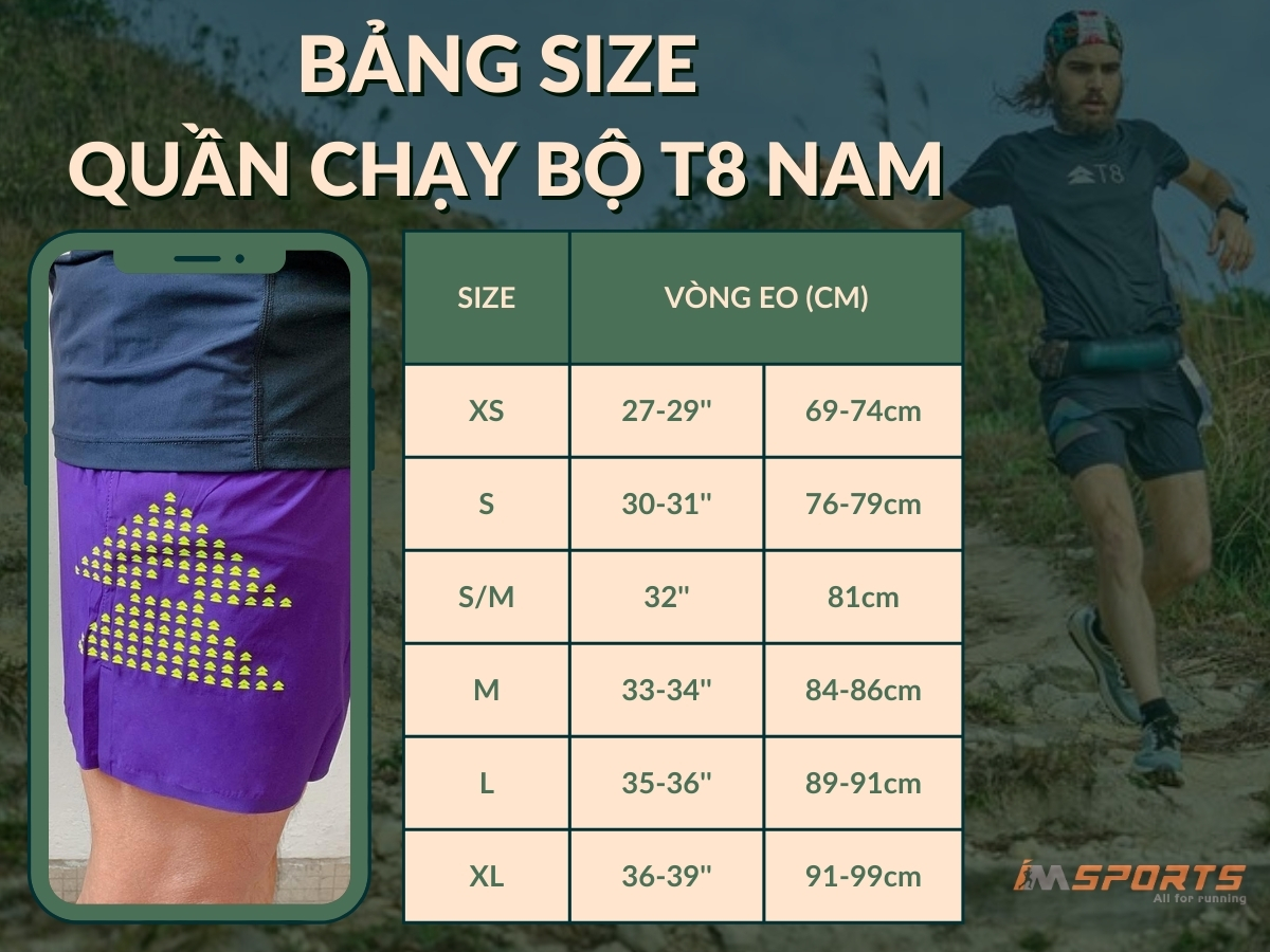 Bảng size quần chạy bộ T8 nam