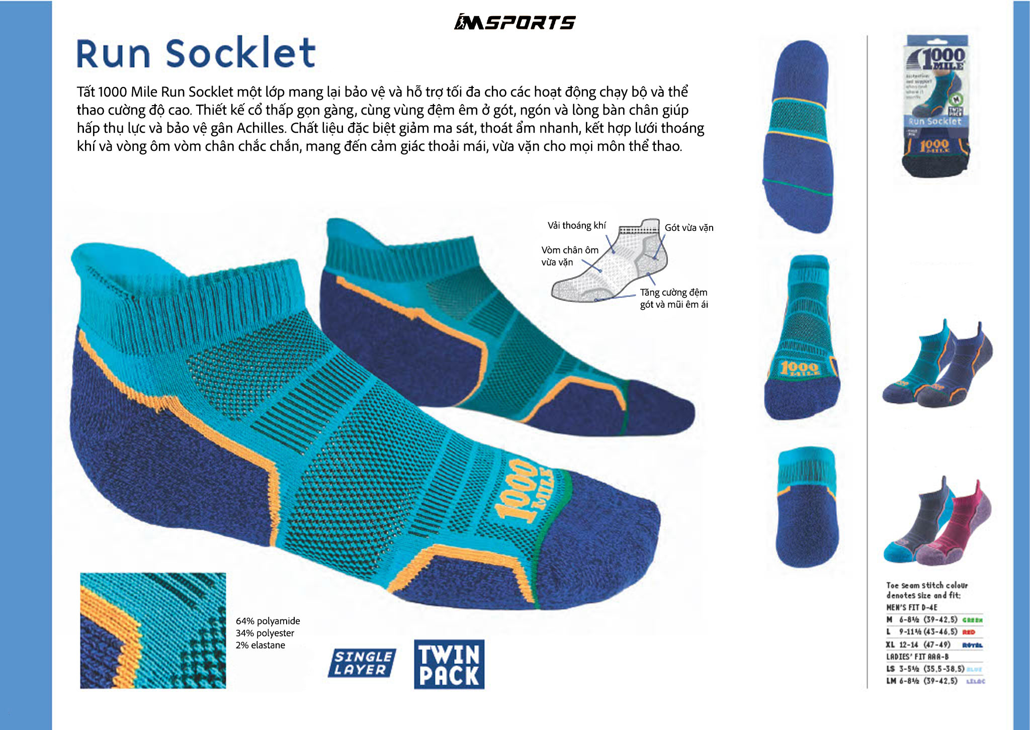 1000 Mile Calze Walk Repreve Single Layer 2 pacchi - Navy/Nero Carbone