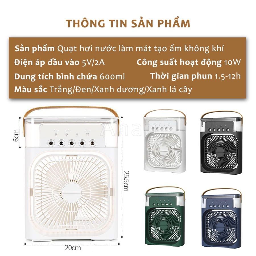 Quạt Điều Hòa Hơi Nước Mini, Quạt Phun Sương Tạo Ẩm 3 Chế Độ Gió Tích Hợp Đèn Led