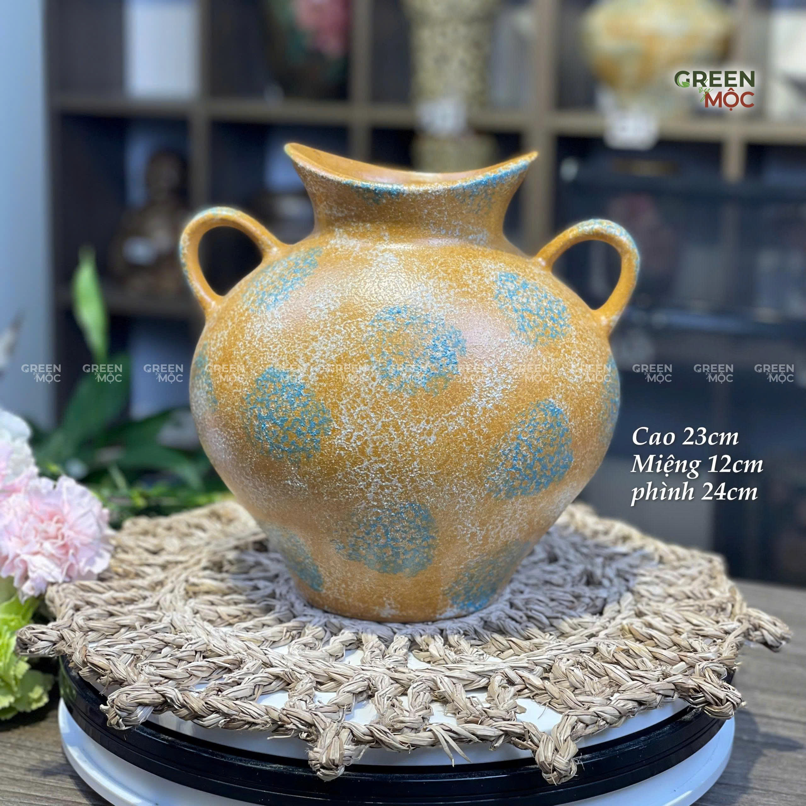 Bình Cắm Hoa Dáng Bầu Dục 2 Tai Gốm Tùng Bát Tràng Cao 23cm