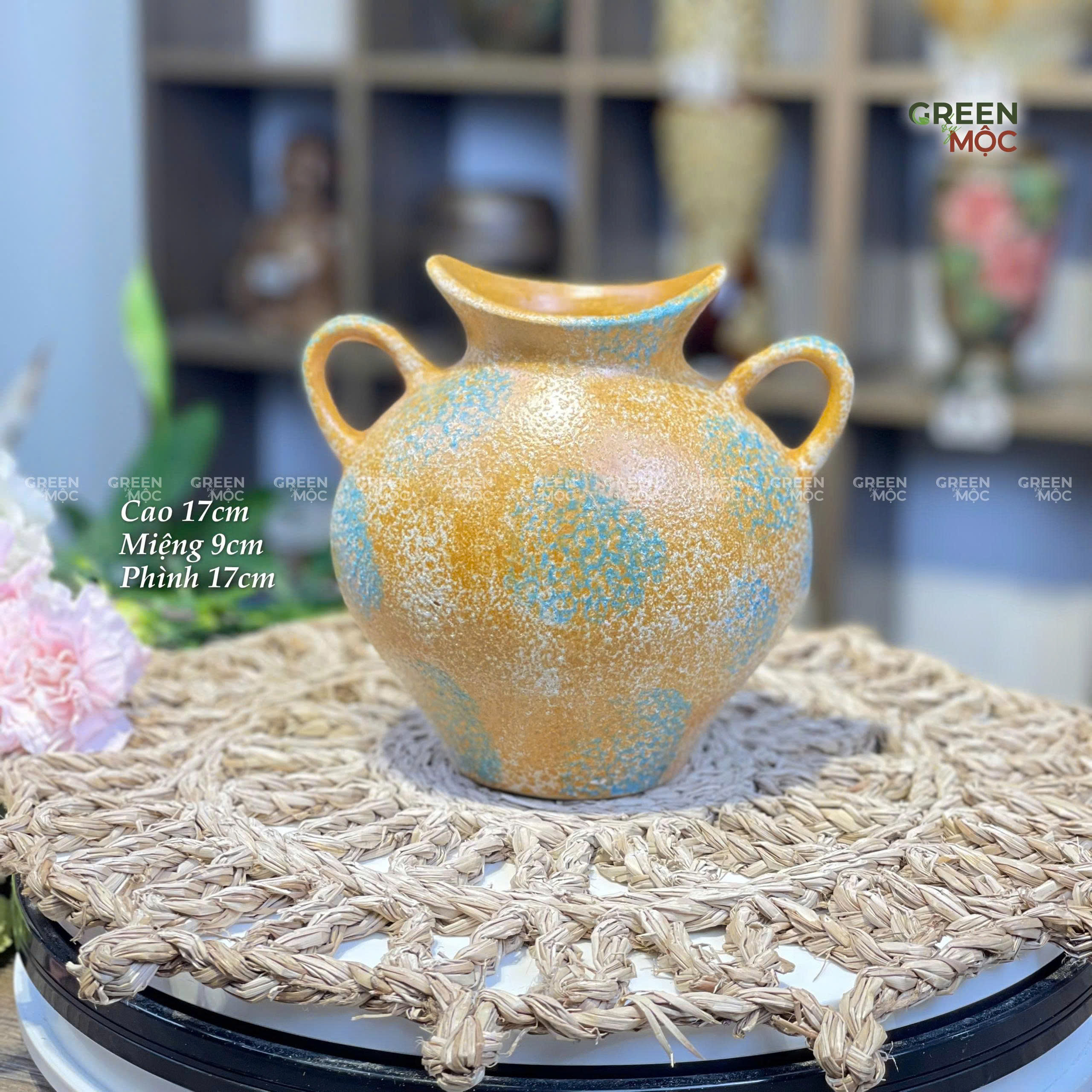 Bình Cắm Hoa Dáng Bầu Dục 2 Tai Gốm Tùng Bát Tràng Cao 17cm