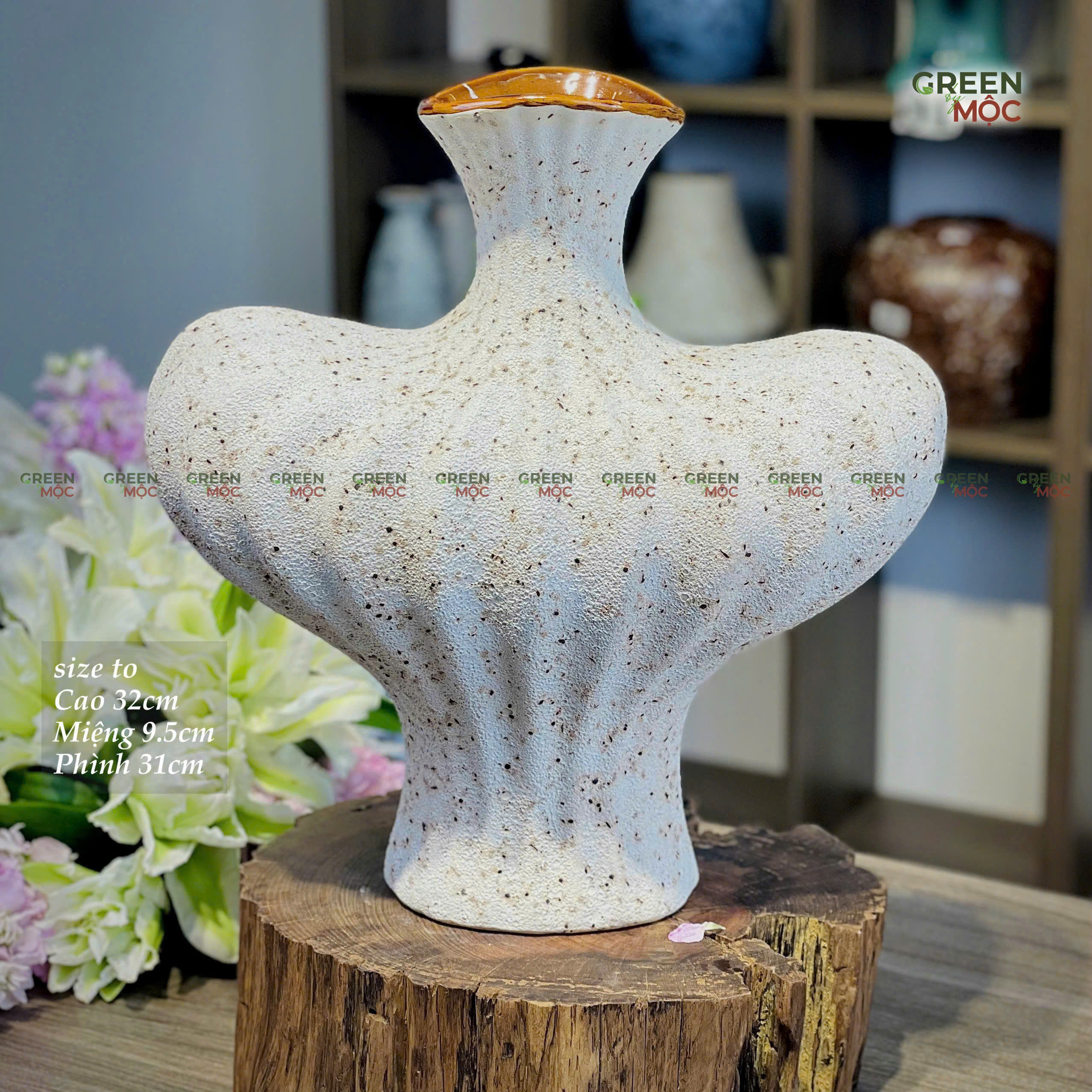 Bình Cắm Hoa Dáng Lồng Đèn Trái Tim Gốm Ngà Bát Tràng 32cm