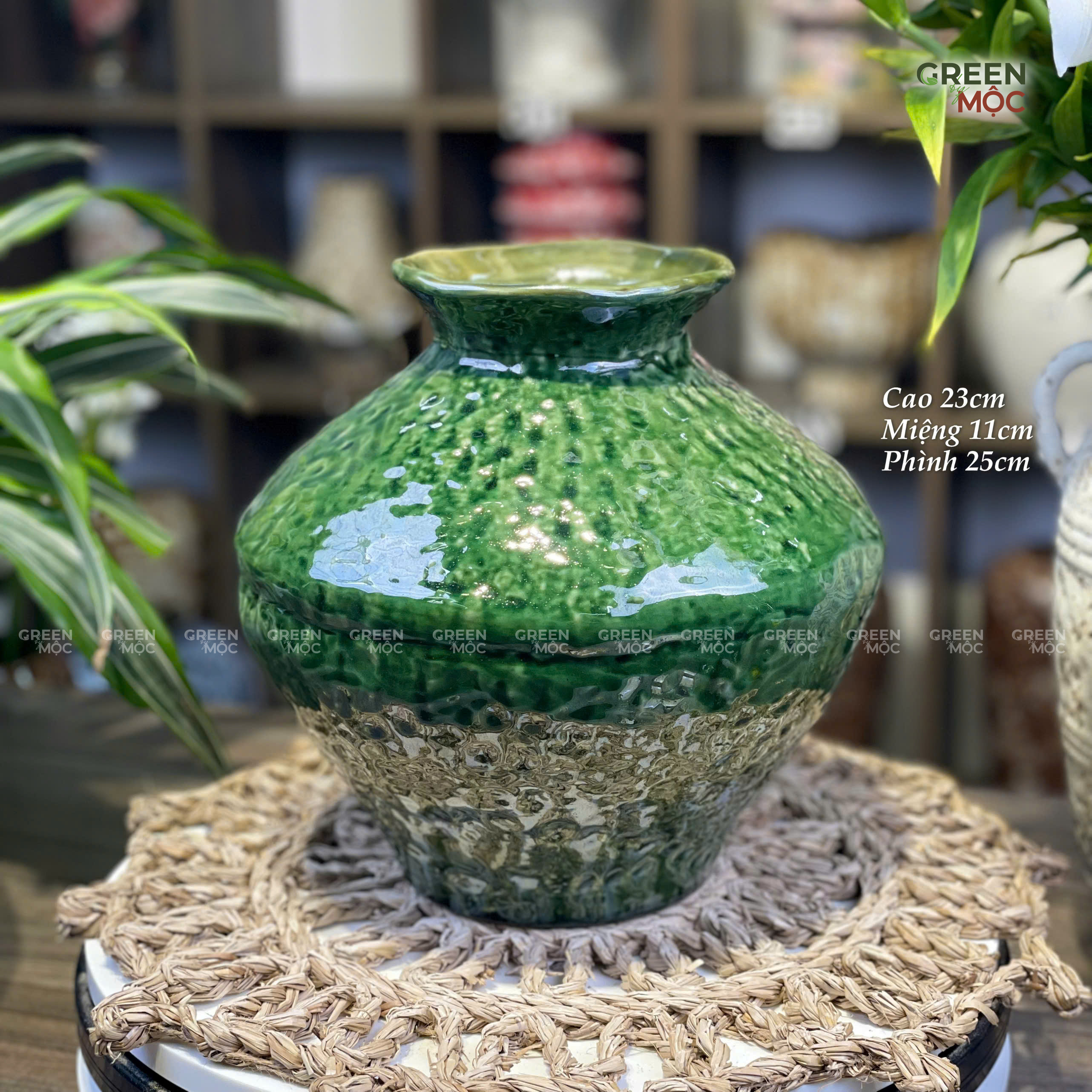 Bình Cắm Hoa Dáng Bầu Gốm Tùng Bát Tràng Cao 23cm