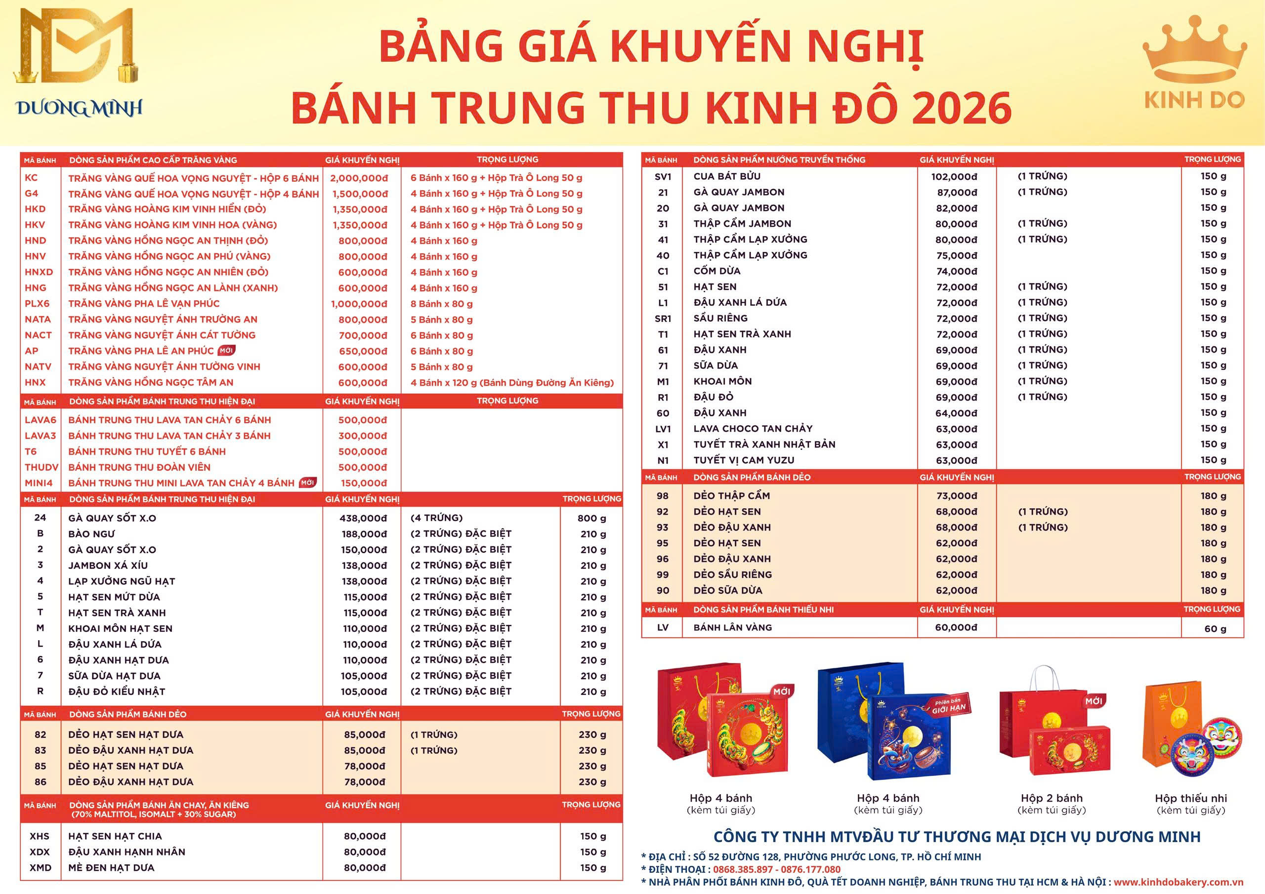 Bảng giá bánh trung thu Kinh Đô 2026