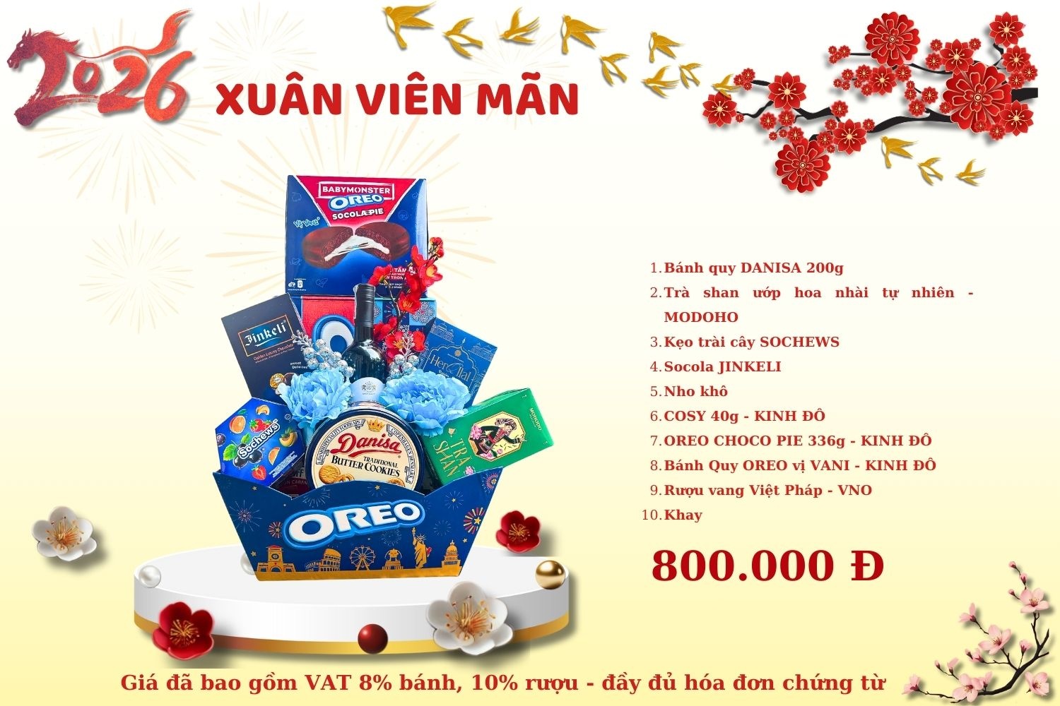 Giỏ Quà Tết Xuân Viên Mãn 2026 – Danisa – Oreo – Rượu Vang VNO