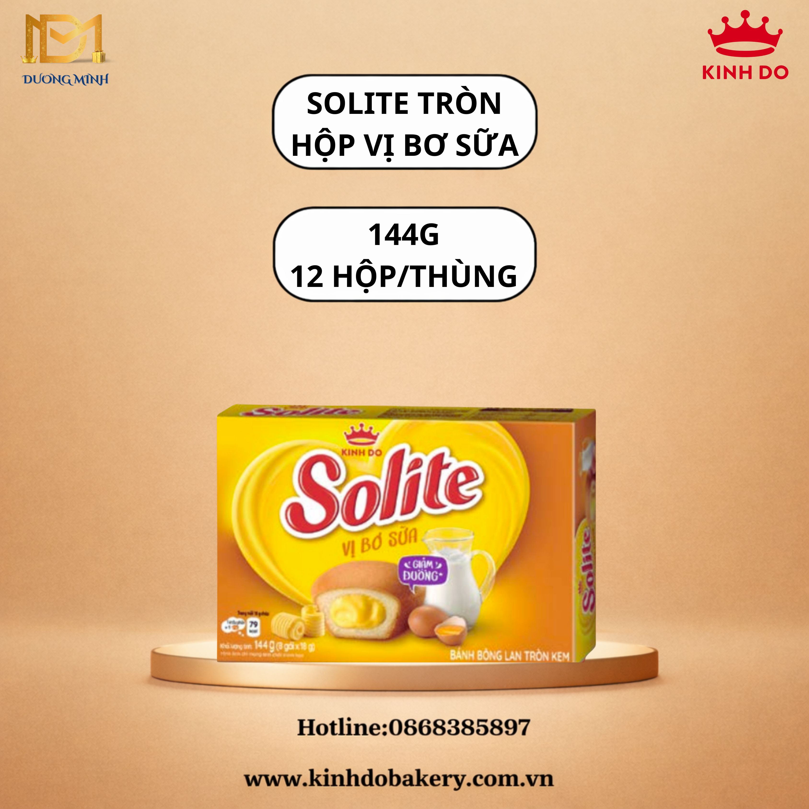 Bánh bông lan tròn Kem vị bơ sữa Solite Hộp giấy 144gr