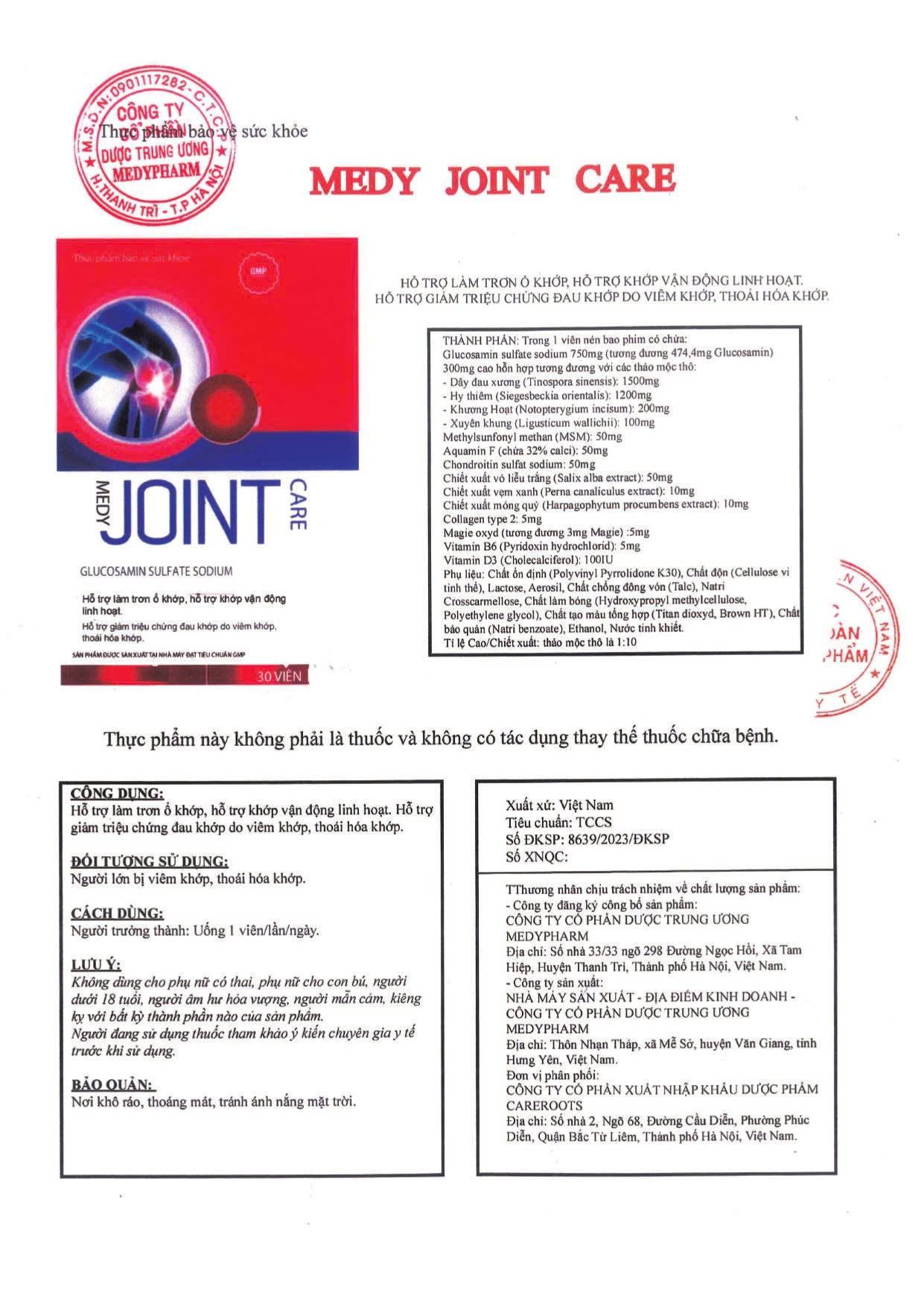 Bảng thành phần và thông tin công bố của CR-Joint Care (Medy Joint Care)