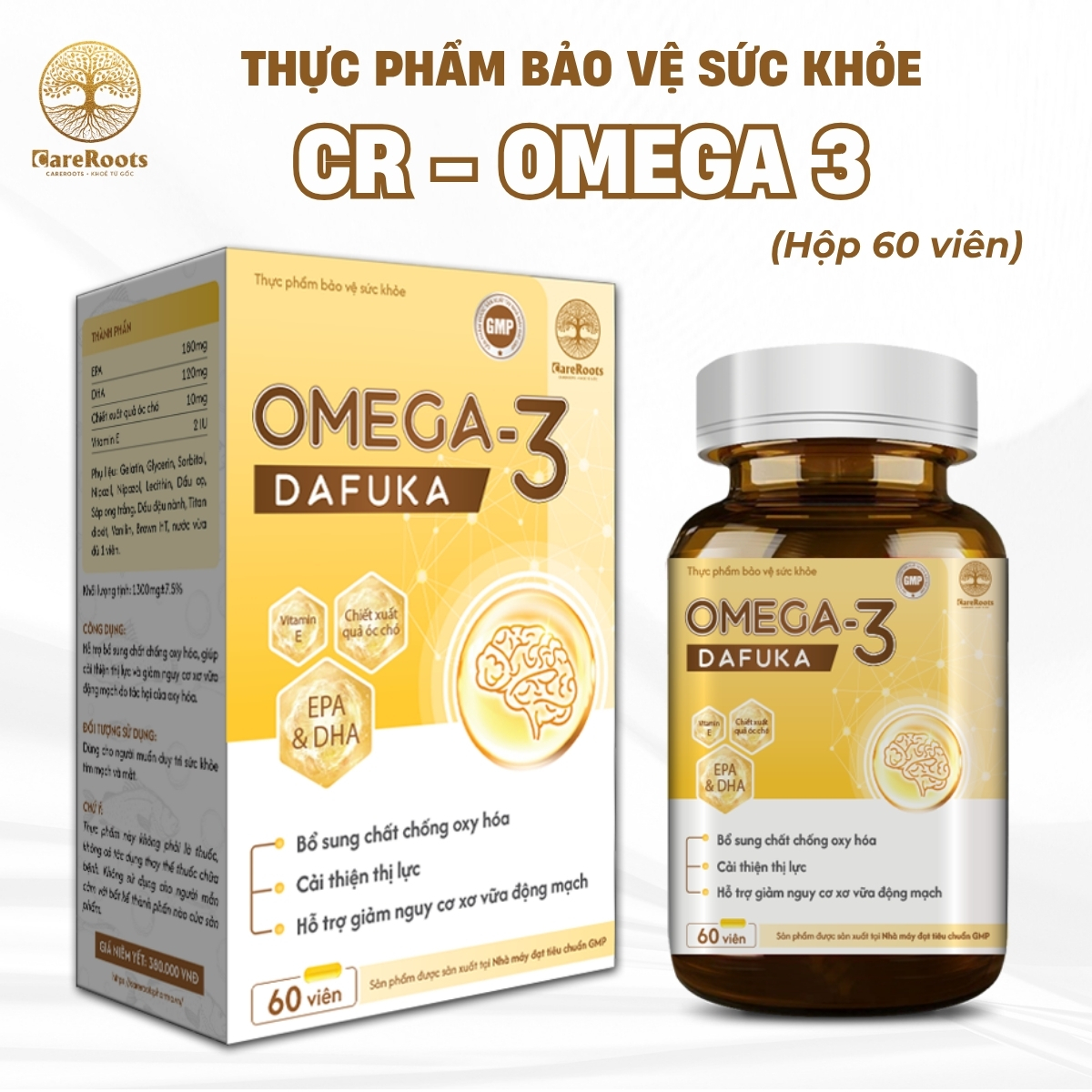CR-Omega-3 Hộp 60 Viên Bổ Sung DHA, EPA Cho Trí Não, Thị Lực & Bảo Vệ Tim Mạch – CareRoots - Viên Nang Mềm