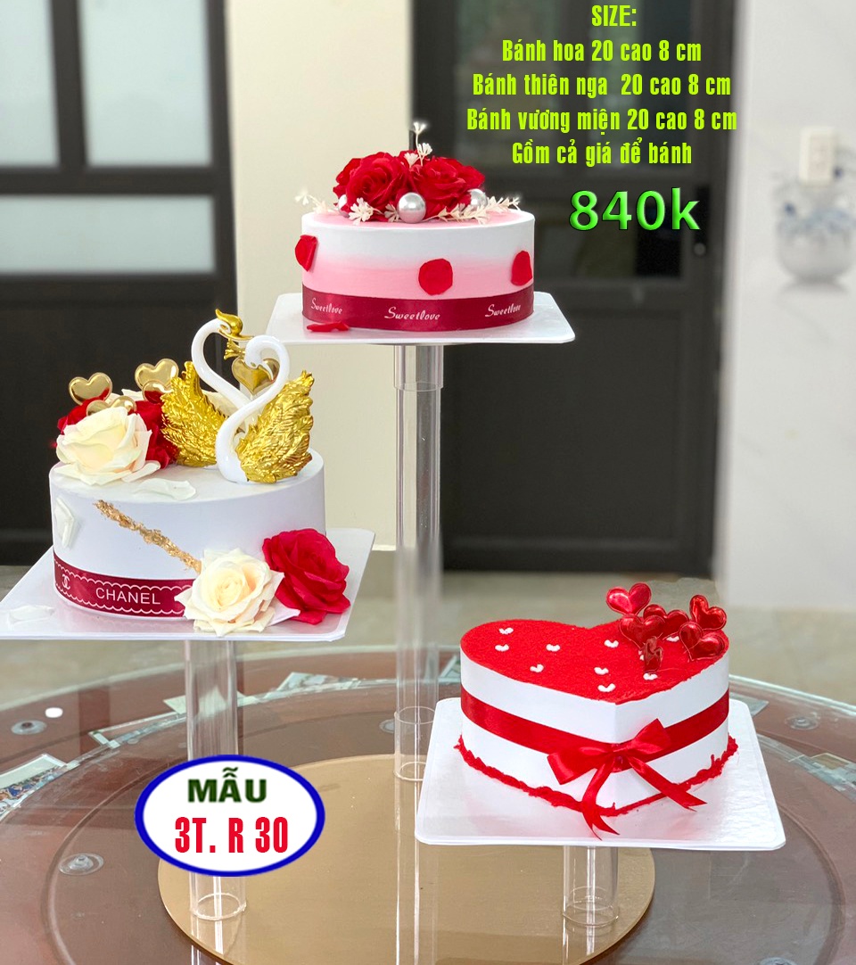 Bánh kem cưới 3 tầng rời màu trắng đính ngọc trang trí hoa hồng gumpaste  màu đỏ | Bánh kem cao cấp