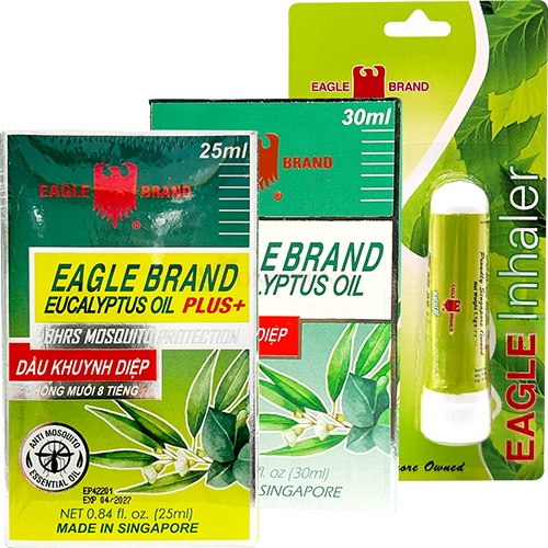 Combo dầu Eagle Brand Eucalyptus Oil Plus+ (25ml) + dầu Eagle Brand Eucalyptus Oil (30ml) + ống hít Eagle Inhaler (1.1g)