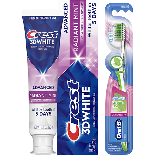 Combo Kem đánh răng Crest 3D White Radiant Mint (93g) + Bàn chải tay Oral-B Gumcare (Trà xanh)