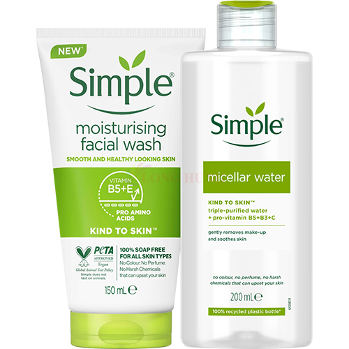 Combo Sữa rửa mặt Simple Moisturising Facial Wash (150ml) + Nước tẩy trang Simple Micellar Water (200ml)