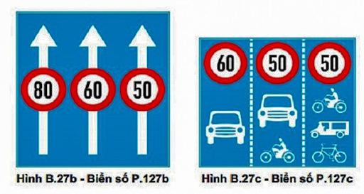 Biển ghép tốc độ tối đa cho phép trên từng làn đường P.127b