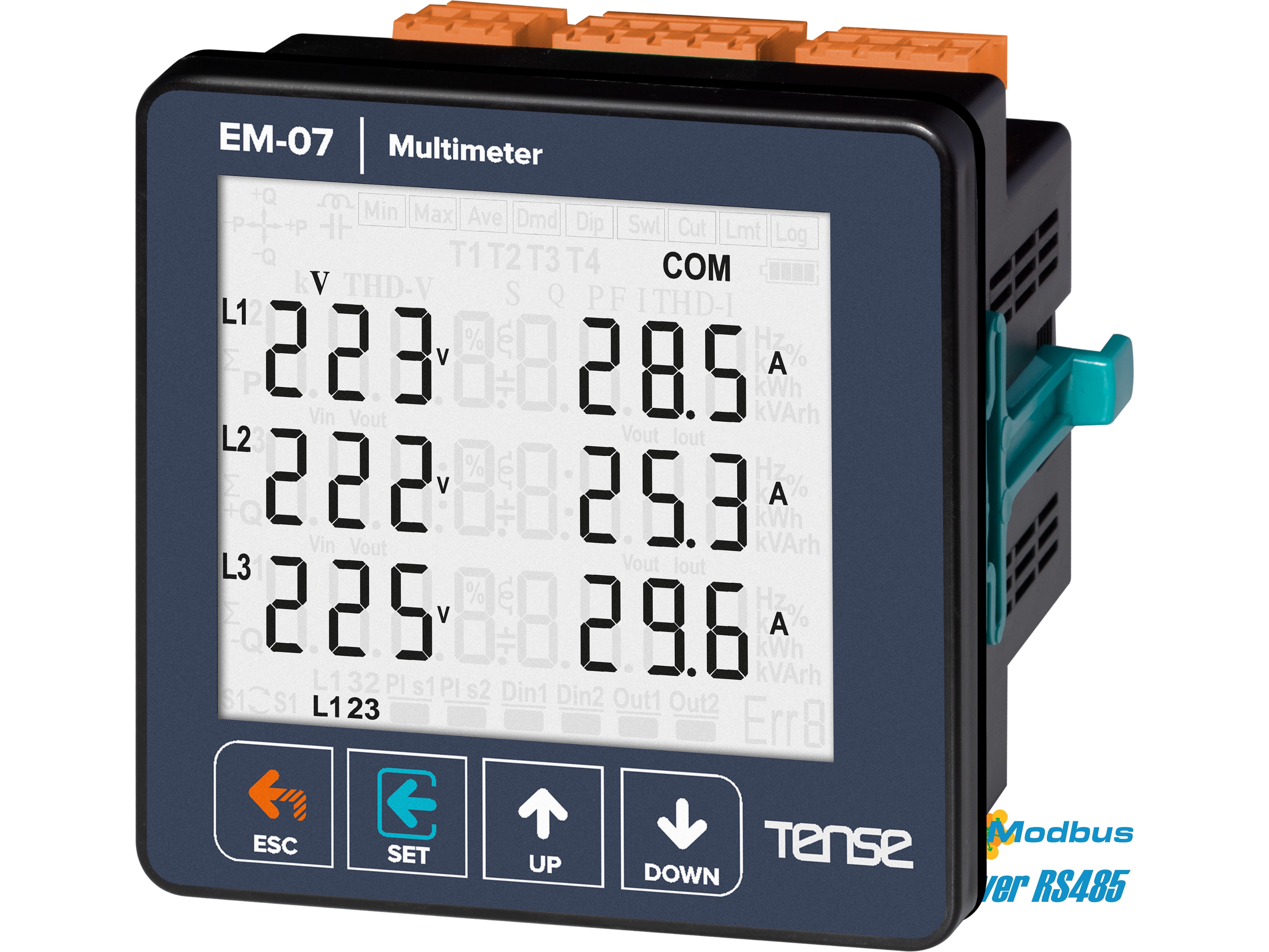 EM-07 ĐỒNG HỒ ĐA NĂNG TÍCH HỢP NGÕ RA RƠ LE Các chức năng bảo vệ (1 Relay output): Mất cân bằng pha, quá áp, thấp áp, bảo vệ quá dòng, tần số. RS485 ModBus RTU  Multimeter with Relay Output EM-07 Tense