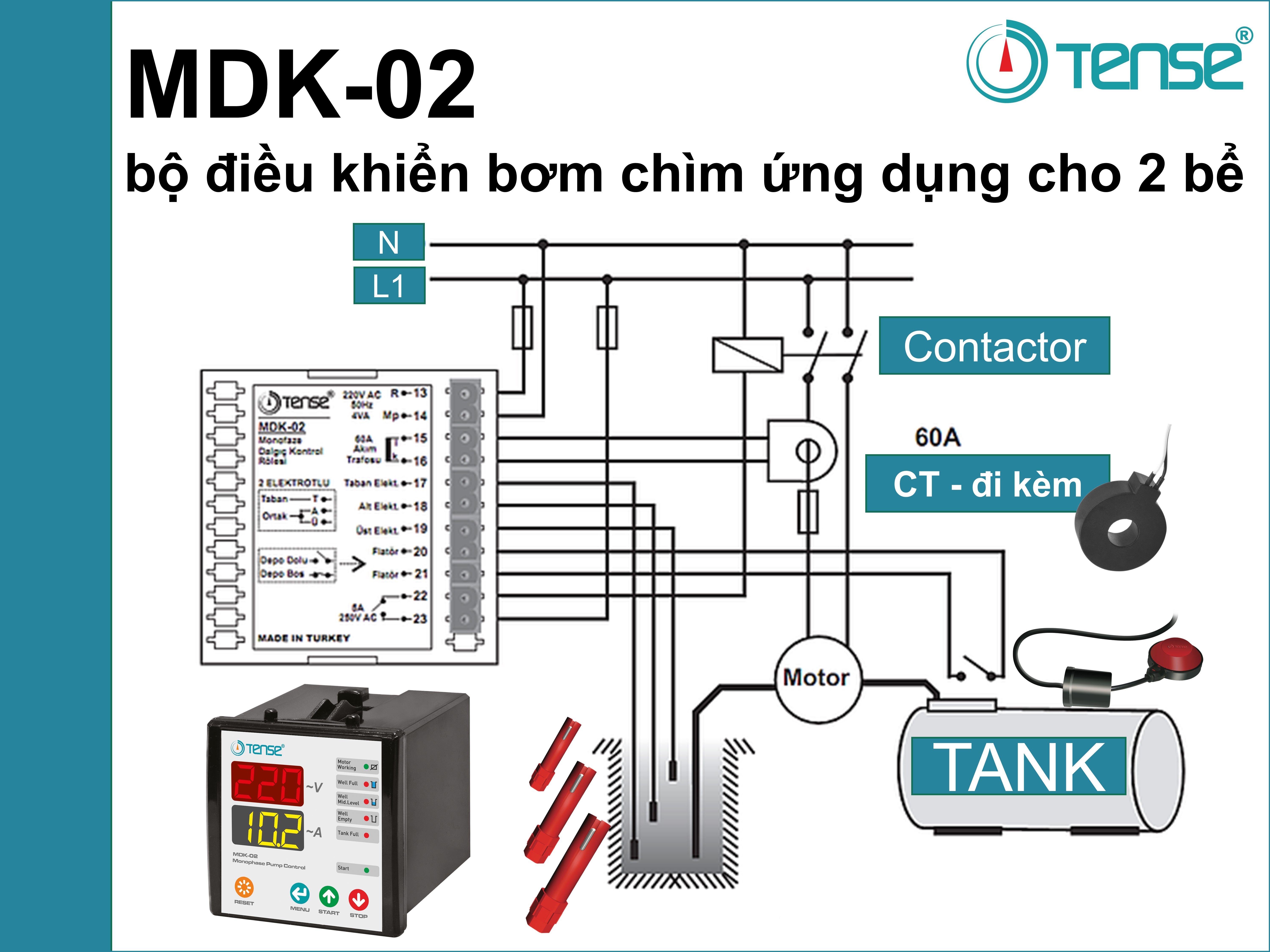 MDK-02 RƠ LE ĐIỀU KHIỂN ĐỘNG CƠ BƠM CHÌM MỘT PHA Submersible Pump Control Relay MDK-02 TENSE