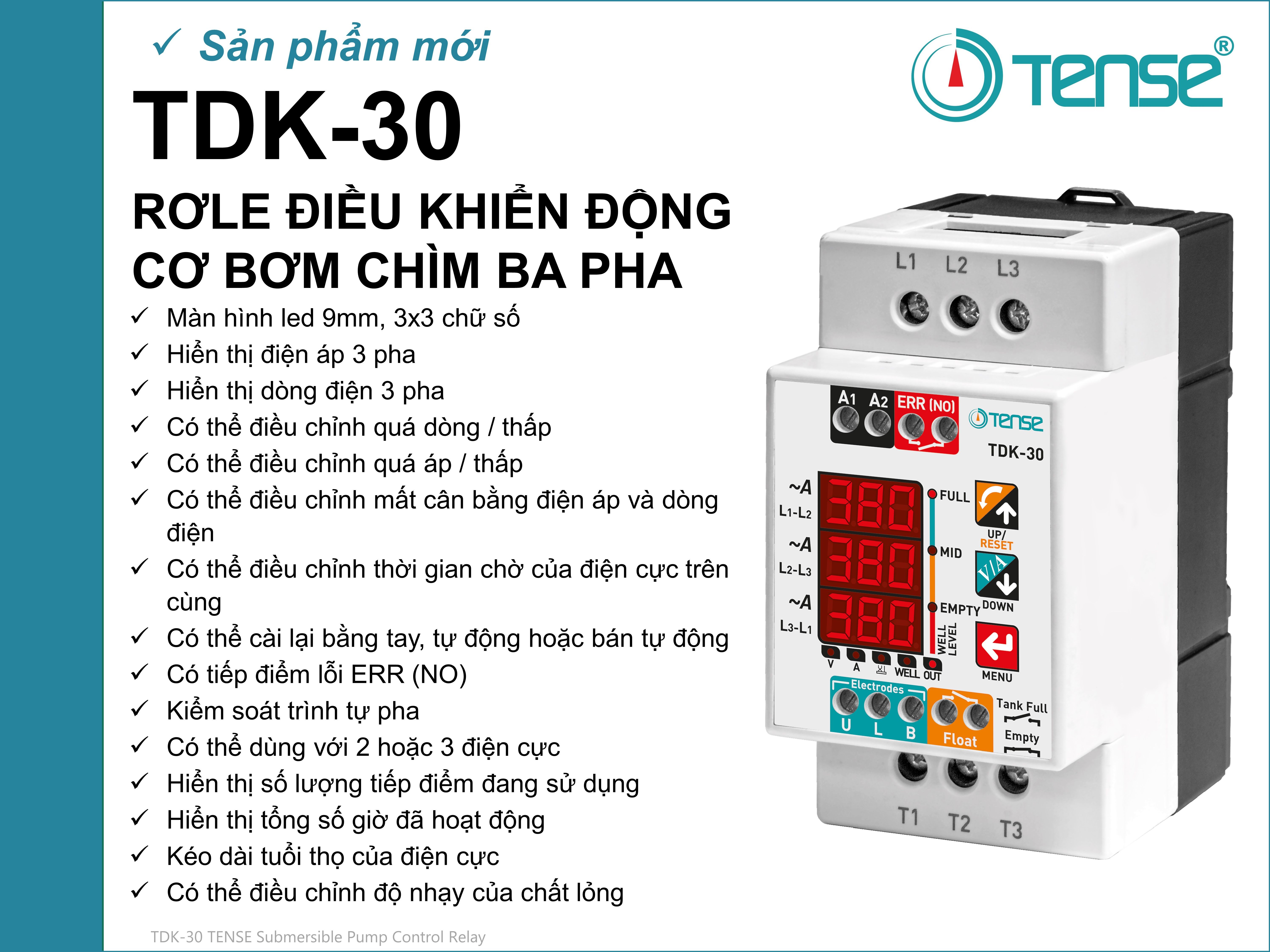 TDK-30 RƠLE ĐIỀU KHIỂN ĐỘNG CƠ BƠM CHÌM BA PHA Submersible Pump Control relay TDK-30 Tense