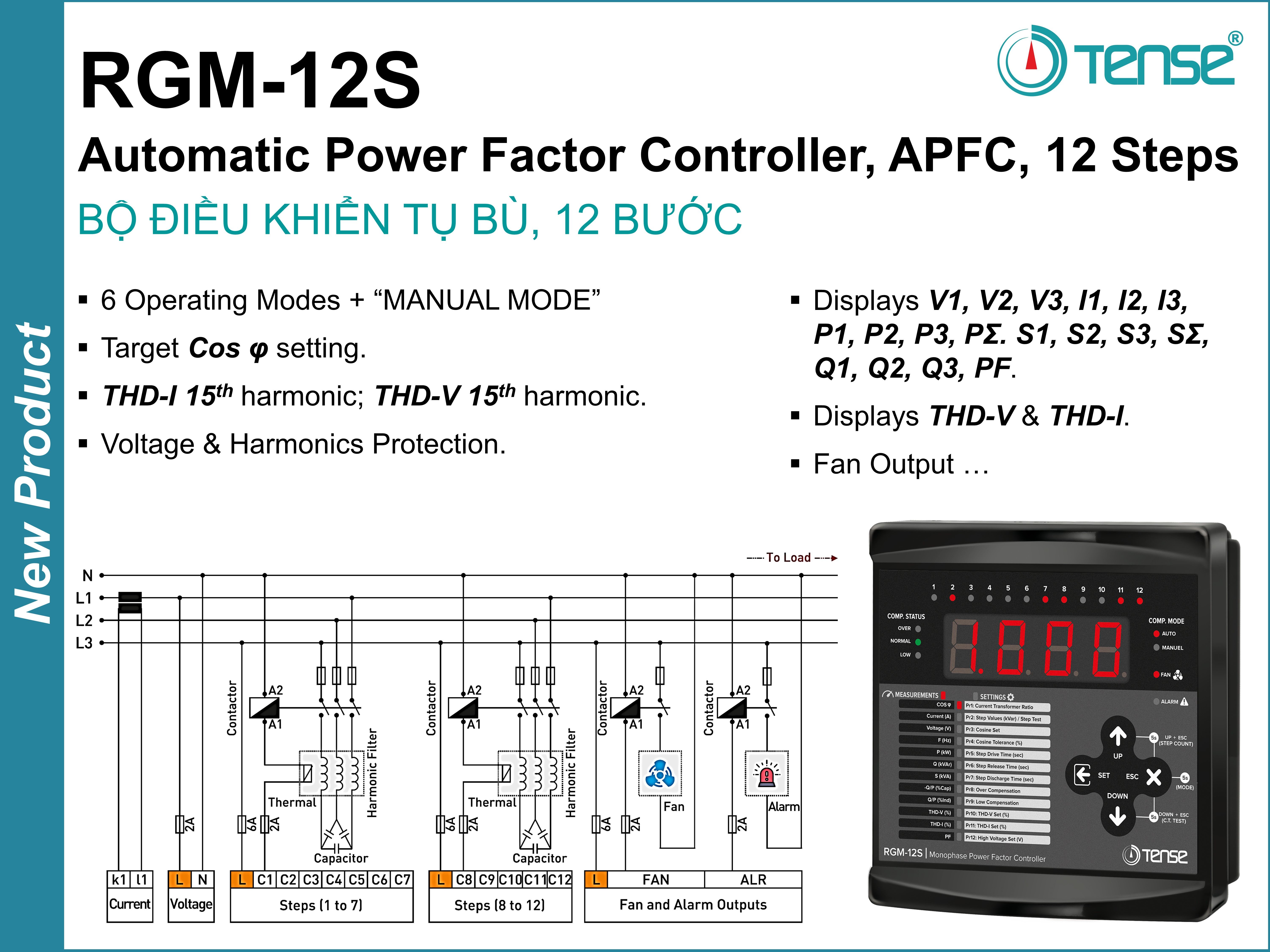 RGM-12S BỘ ĐIỀU KHIỂN TỤ BÙ, 12 BƯỚC APFC Automatic Power Factor Controller PFR Power Factor Regulator PFR RGM-12S