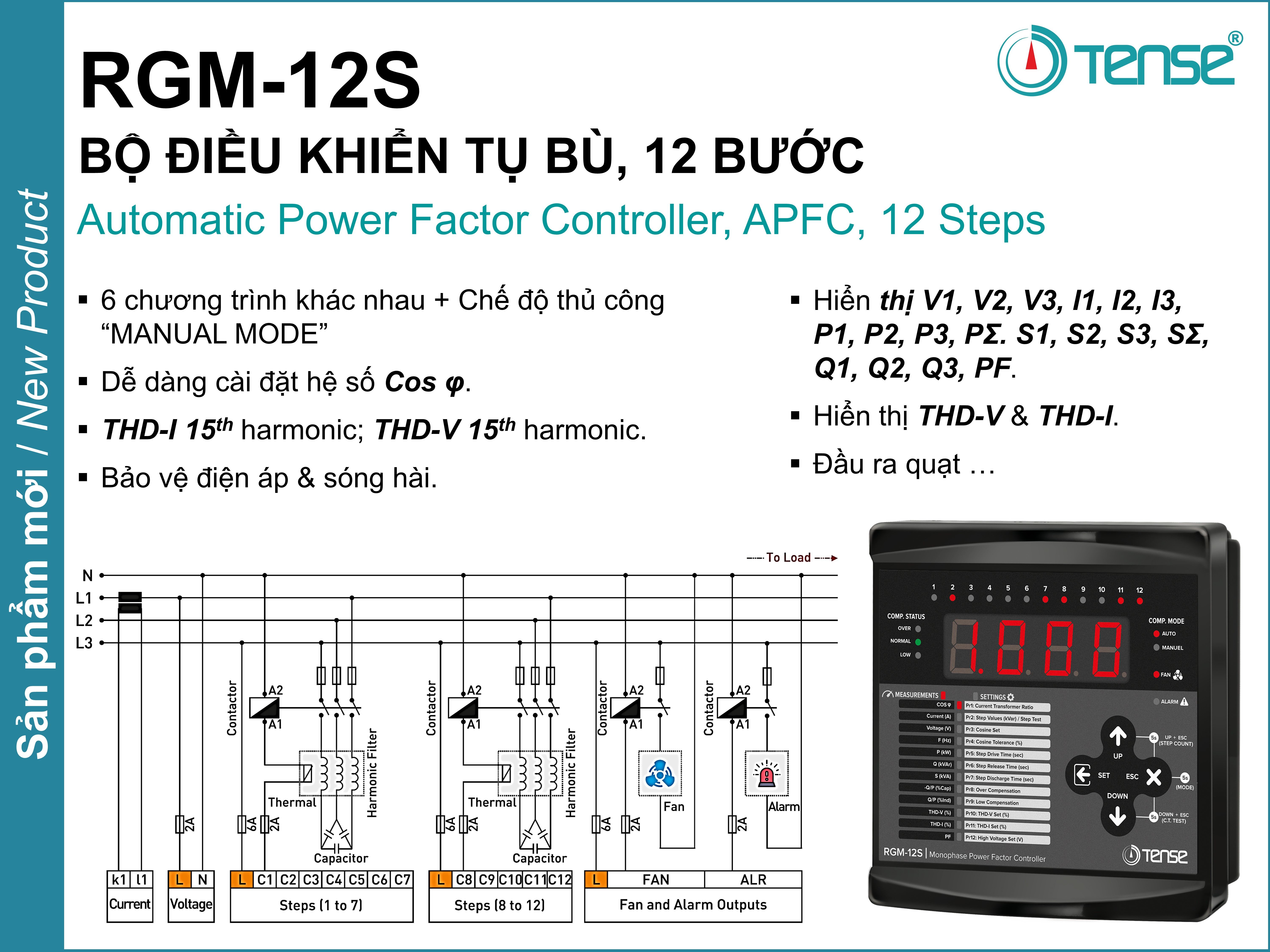 RGM-12S BỘ ĐIỀU KHIỂN TỤ BÙ, 12 BƯỚC APFC Automatic Power Factor Controller PFR Power Factor Regulator PFR RGM-12S