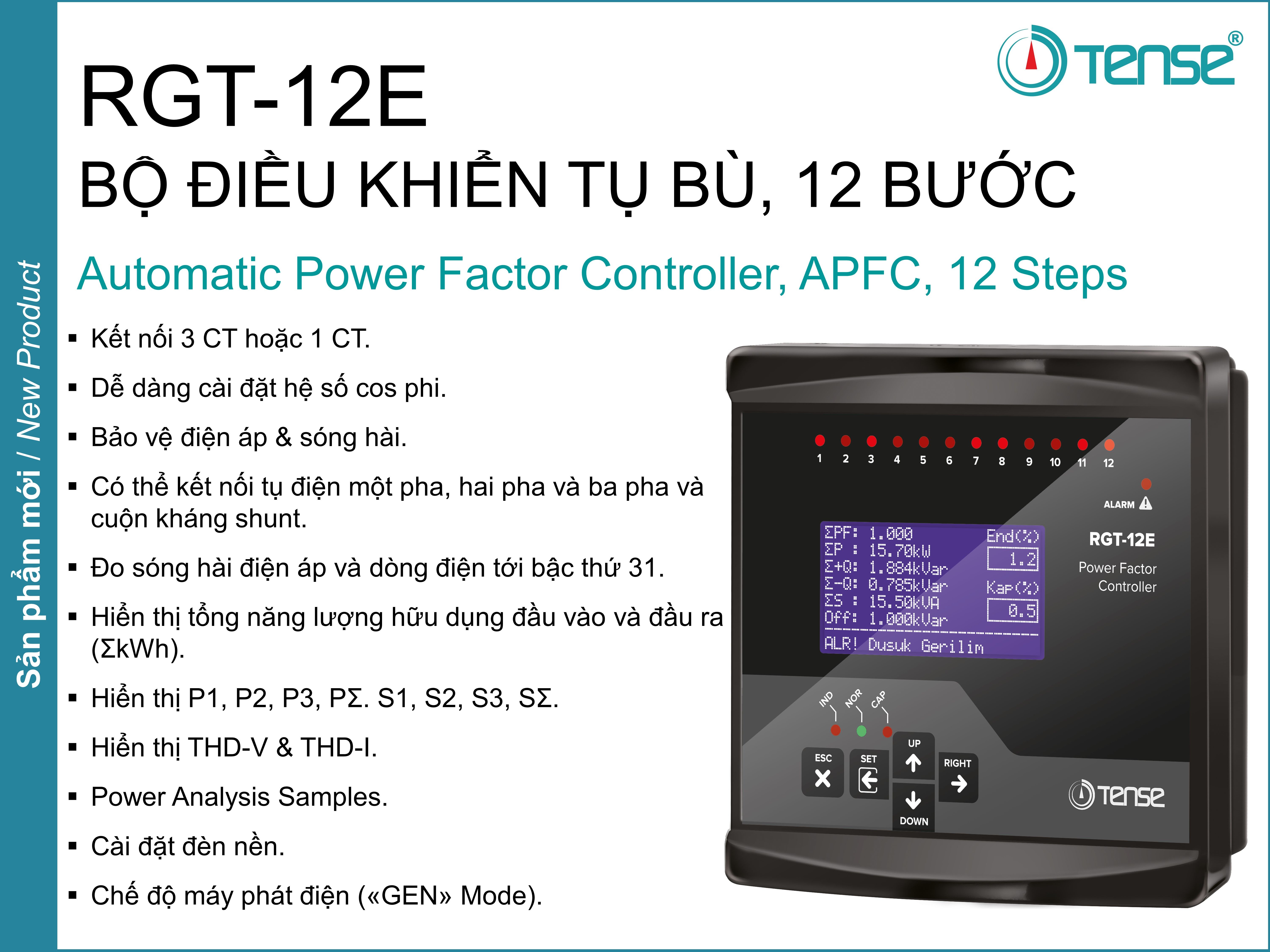 RGT-12E BỘ ĐIỀU KHIỂN TỤ BÙ 12 CẤP. Automatic Power Factor Controller APFC, Power Factor Regulator PFR 12 Steps RGT-12E