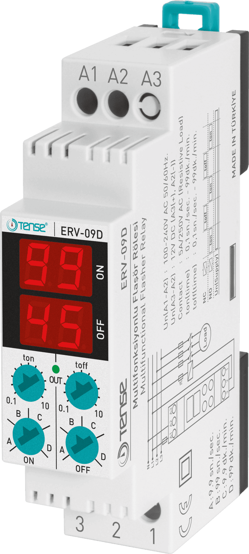 Relay thời gian điều khiển kép ERV-09D TENSE (On/Off 2 tải luân phiên, 0.1 - 100 h)