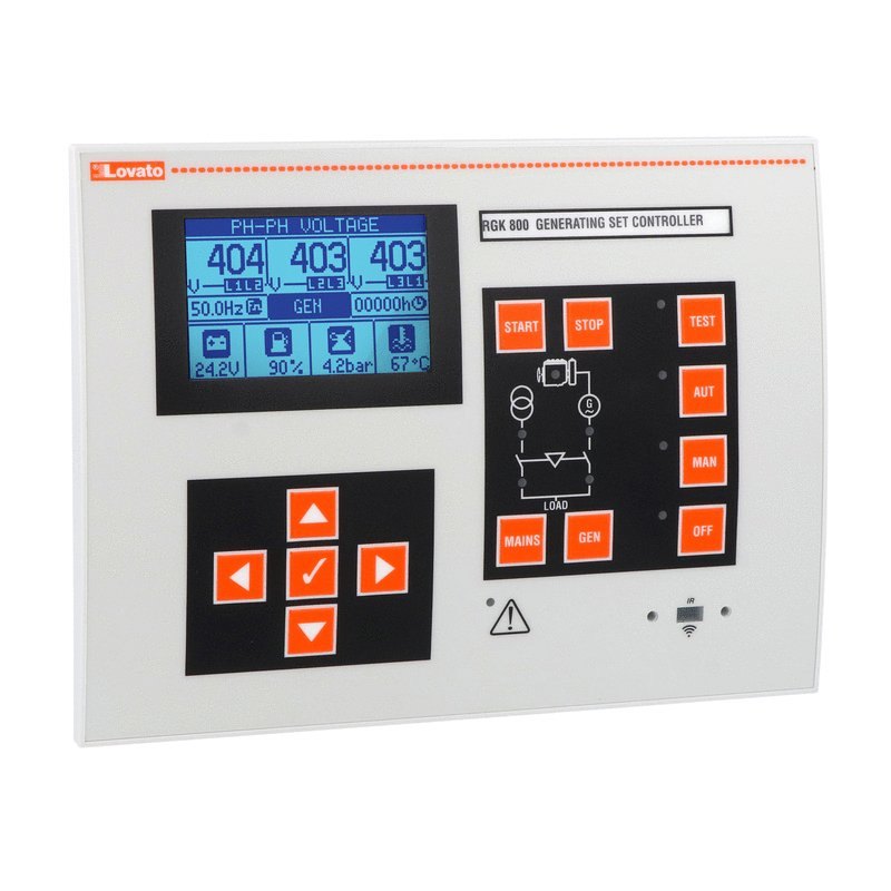 RGK800 LOVATO Bộ điều khiển máy phát điện tự động ngắt nguồn (AMF), 12/24VDC, có cổng RS485 và cổng lập trình điểm USB/quang và Wi-Fi ở mặt trước, cổng Canbus, IP65, có thể mở rộng bằng mô-đun EXP…