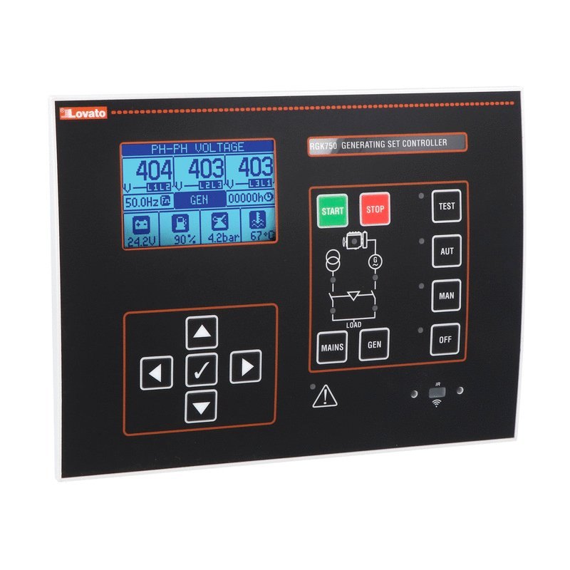 RGK750 LOVATO Bộ điều khiển máy phát điện tự động ngắt nguồn (AMF), 12/24VDC, có cổng lập trình điểm USB/quang và Wi-Fi ở mặt trước, cổng Canbus, IP65, có thể mở rộng bằng mô-đun EXP…