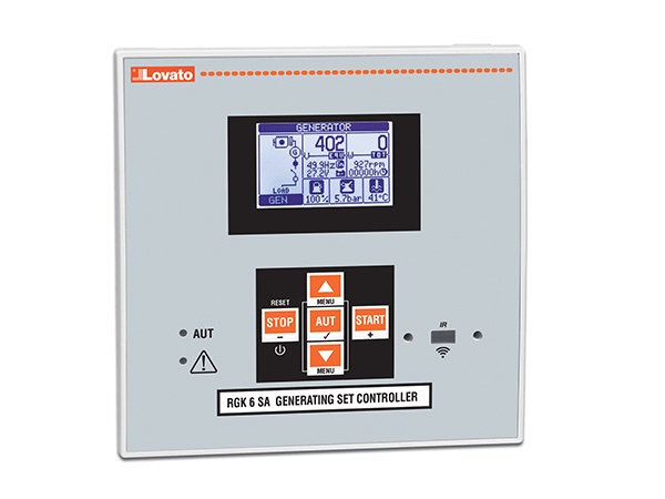 RGK600SA LOVATO Bộ điều khiển máy phát điện độc lập, 12/24VDC, cổng lập trình điểm USB/quang và Wi-Fi ở mặt trước, có đầu vào tốc độ thu, IP54
