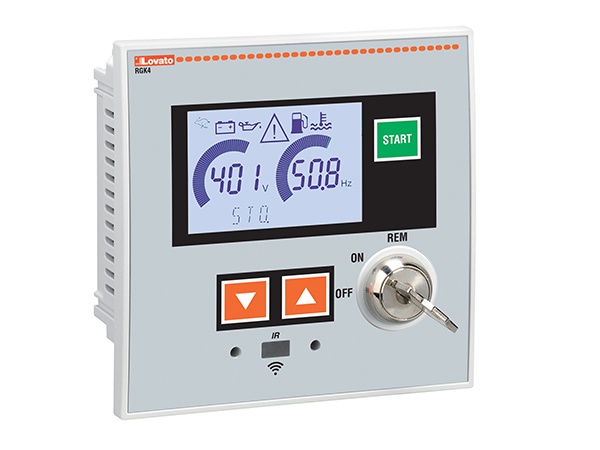 RGK420SA LOVATO Bộ điều khiển máy phát điện độc lập, 12/24VDC, cổng lập trình điểm USB/quang và Wi-Fi ở mặt trước, công tắc phím 3 vị trí tích hợp