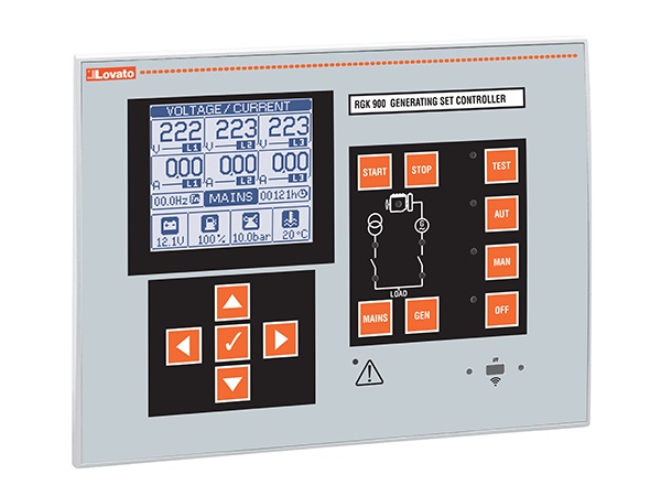 RGK900SA LOVATO Điều khiển Paealleling giữa các bộ phát điện. 12/24VDC, màn hình LCD đồ họa, cổng RS485 và cổng lập trình điểm USB/quang và Wi-Fi ở mặt trước. Có thể mở rộng với các mô-đun EXP…