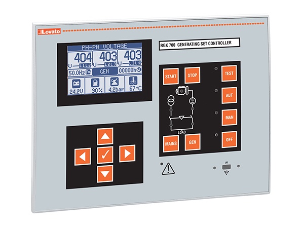 RGK700 LOVATO Bộ điều khiển máy phát điện tự động ngắt nguồn (AMF), 12/24VDC, có cổng RS232 và cổng lập trình điểm USB/quang và Wi-Fi ở mặt trước, cổng Canbus, IP65