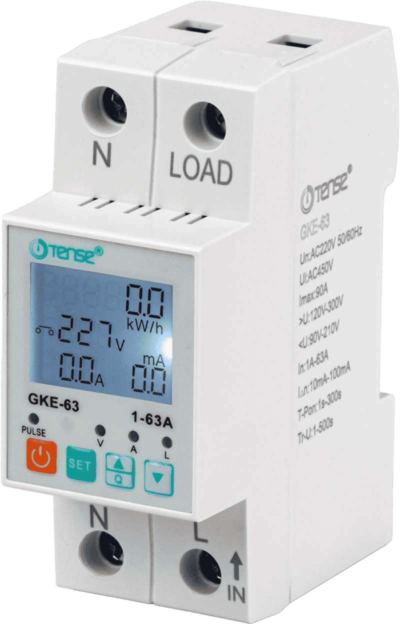Rơ le bảo vệ quá áp, thấp áp, dòng rò 1 pha, tích hợp đo kwh (LCD) trực tiếp 63A GKE-63 TENSE