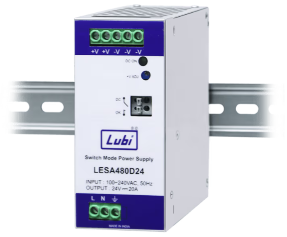 Bộ nguồn dạng cài khung kim loại LUBI LESA480D24, đầu ra 24V DC, 480W, 20A