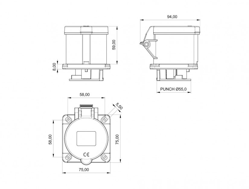 Ổ cắm âm IP44 BEMIS, 3x32A (2P+E), 220V 50/60 Hz, 6h