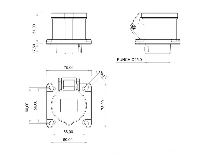 Ổ cắm âm IP44 BEMIS, 4x16A (3P+E), 380V 50/60 Hz, 6h