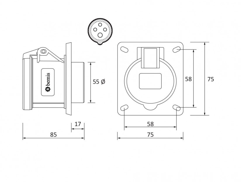 Ổ cắm âm IP44 BEMIS, 4x32A (3P+E), 380V 50/60 Hz, 6h
