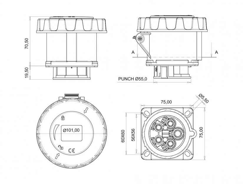Ổ cắm âm IP67 BEMIS, 4x32A (3P+E), 380V 50/60 Hz, 6h