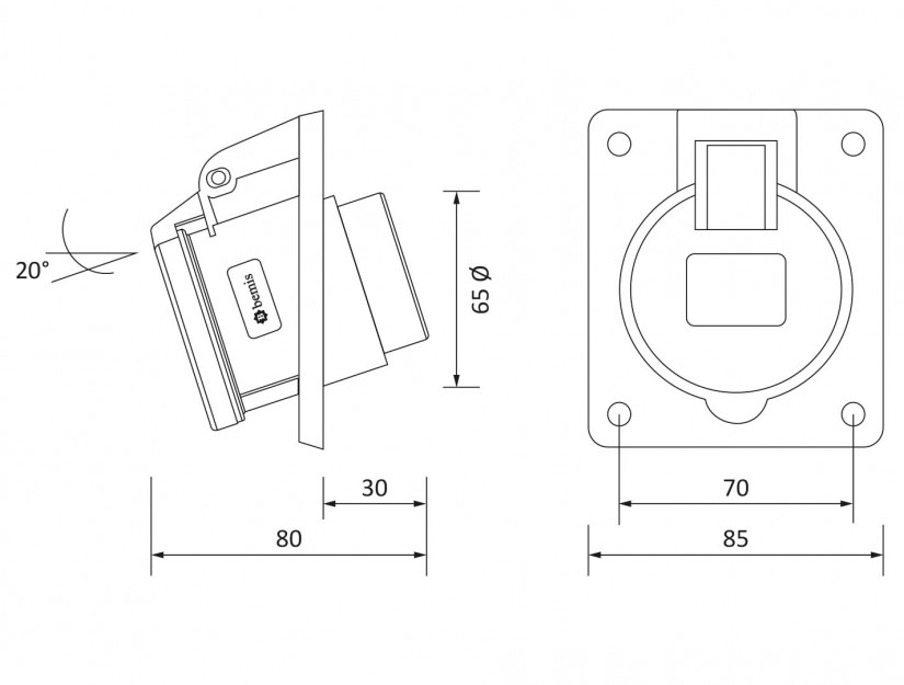 Ổ cắm âm bẻ góc 45° IP44 BEMIS, 3x16A (2P+E), 220V 50/60 Hz, 6h