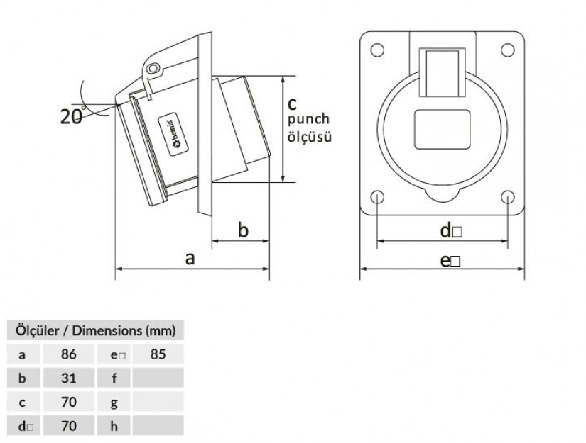Ổ cắm âm bẻ góc 45° IP44 BEMIS, 4x16A (3P+E), 380V 50/60 Hz, 6h