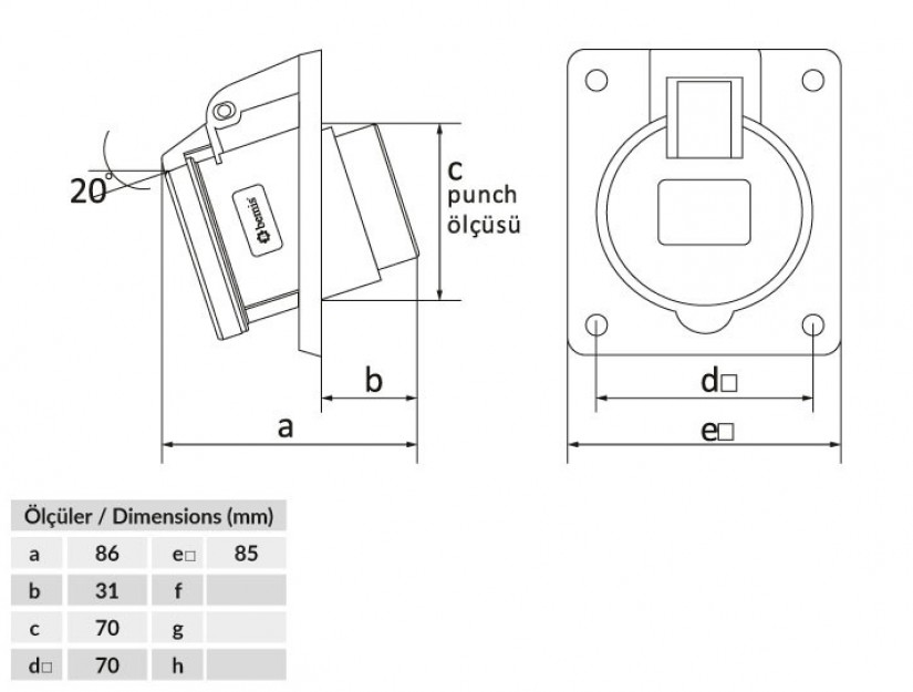 Ổ cắm âm bẻ góc 45° IP44 BEMIS, 5x16A (3P+N+E), 380V 50/60 Hz, 6h