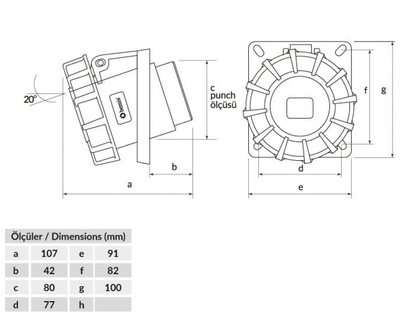 Ổ cắm âm bẻ góc 45° IP67 BEMIS, 4x32A (3P+E), 380V 50/60 Hz, 6h