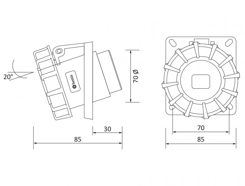 Ổ cắm âm bẻ góc 45° IP67 BEMIS, 3x16A (2P+E), 220V 50/60 Hz, 6h