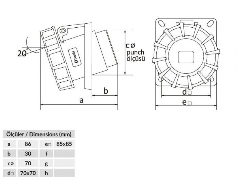 Ổ cắm âm bẻ góc 45° IP67 BEMIS, 43x16A (3P+E), 380V 50/60 Hz, 6h