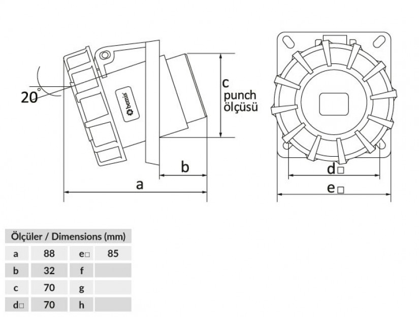 Ổ cắm âm bẻ góc 45° IP67 BEMIS, 5x16A (3P+N+E), 380V 50/60 Hz, 6h