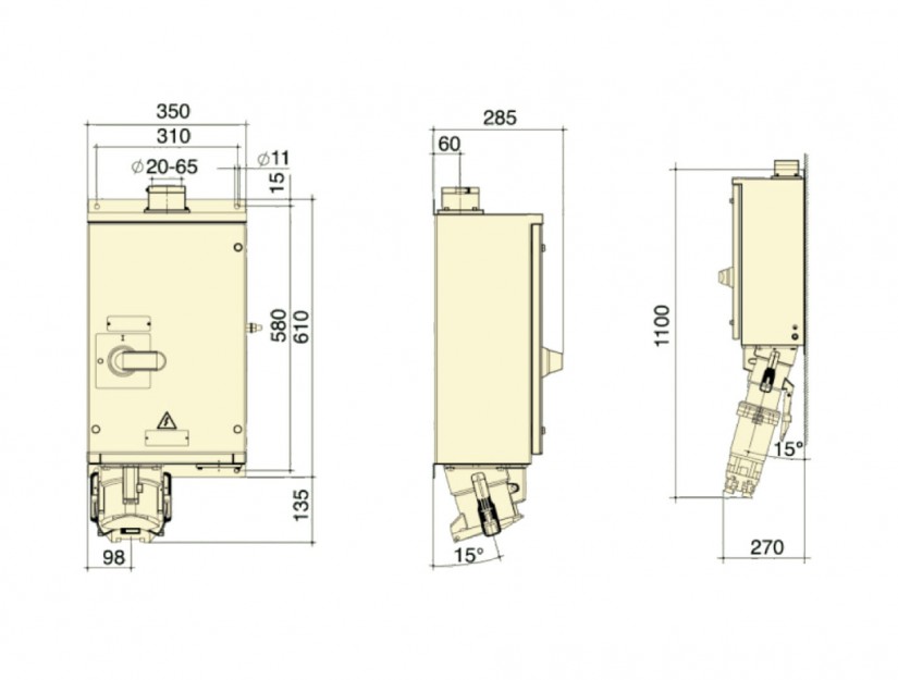 Ổ cắm âm bẻ góc 90° IP67 tích hợp tủ đấu dây có cầu dao BEMIS, 4x200A (3P+E), 380V 50/60 Hz