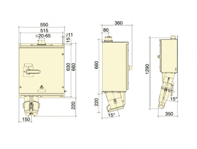 Ổ cắm âm bẻ góc 90° IP67 tích hợp tủ đấu dây có cầu dao BEMIS, 4x400A (3P+E), 380V 50/60 Hz