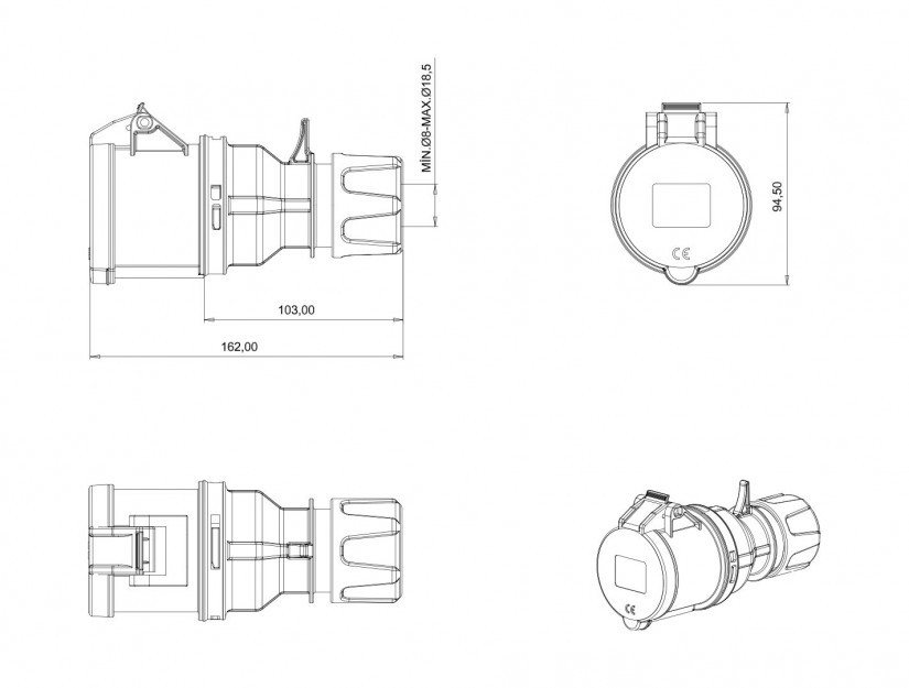 Ổ cắm di động IP44 BEMIS, 3x32A (2P+E), 220V 50/60 Hz, 6h